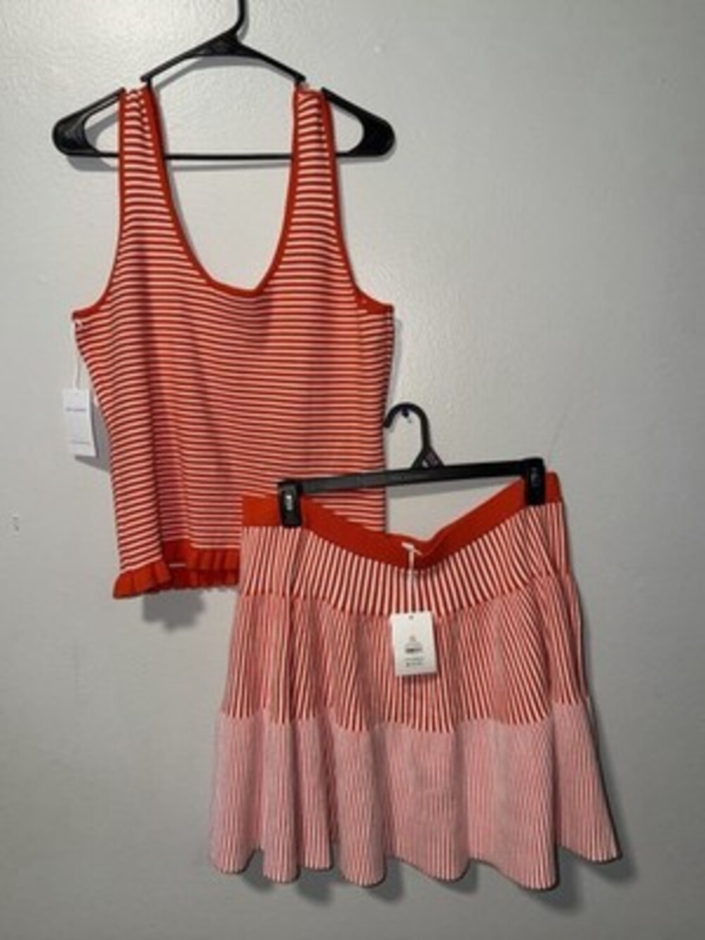 Orange White Striped Women’s Skirt - Casual Tiered Knit 2 PC Top/Shirt
